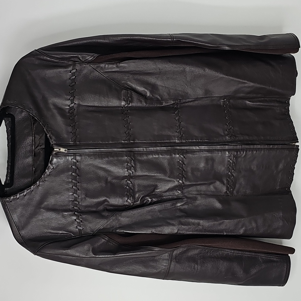 Rich Brown Front Leather Back Sweater Jacket wStitch Design Cozy Office Polished - Picture 11 of 12